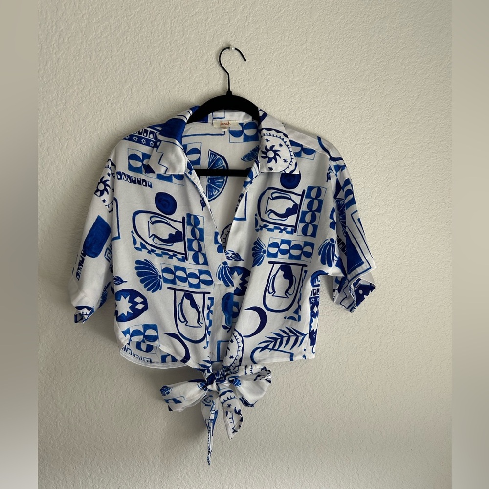 Coastal Vibes Blue & WhiteTie-Front Collar Cropped shirt
